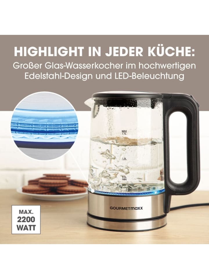 Gourmetmaxx GOURMETmaxx Glas-Wasserkocher LED 1,7l 2200W Edelstahl/schwarz kabellos günstig kaufen onesize