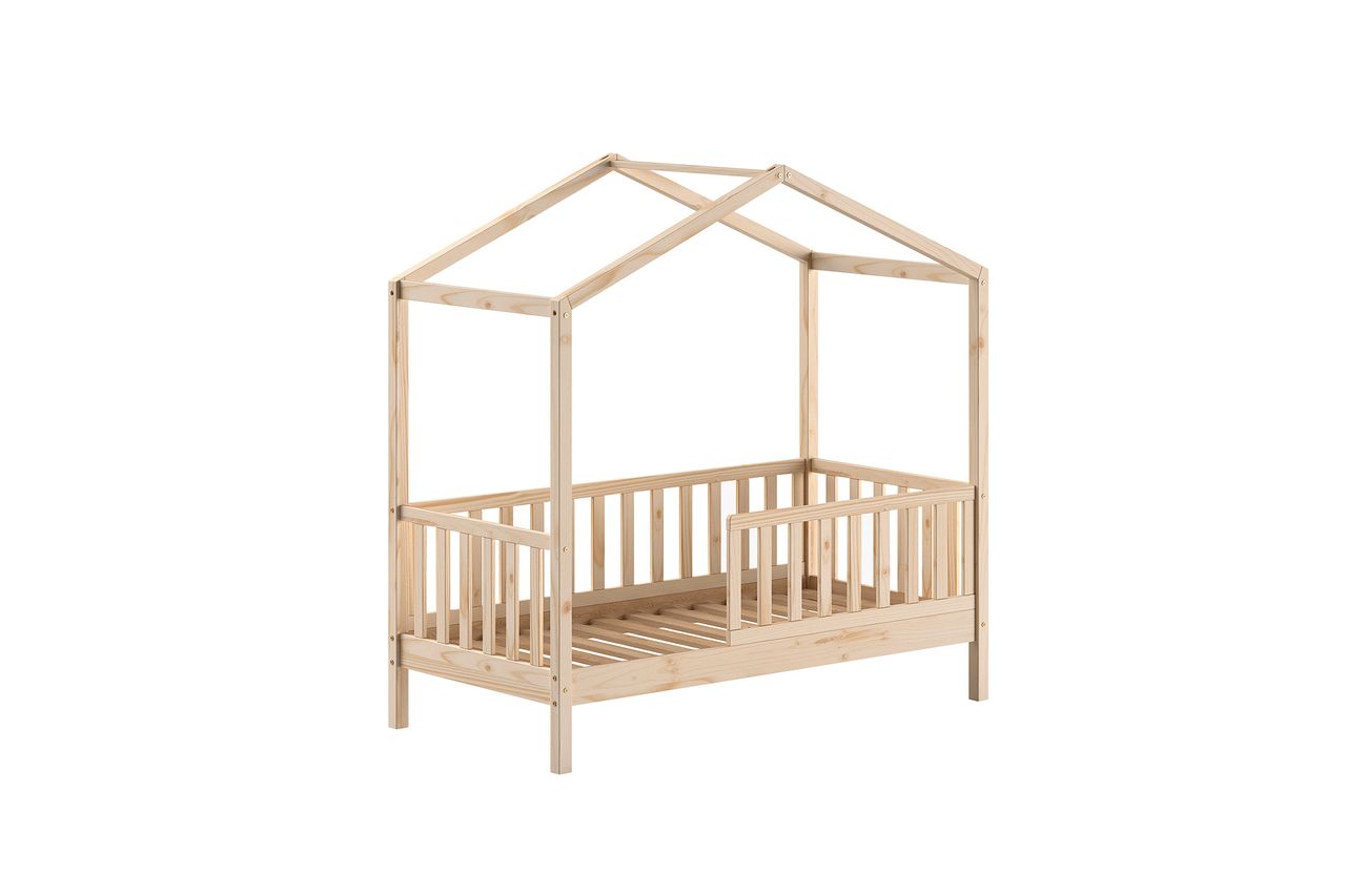 VIPACK Vipack - Junior Hausbett mit seitlicher Umrandung 70x140cm, m. Rolllattenrost Kiefer massiv Natur