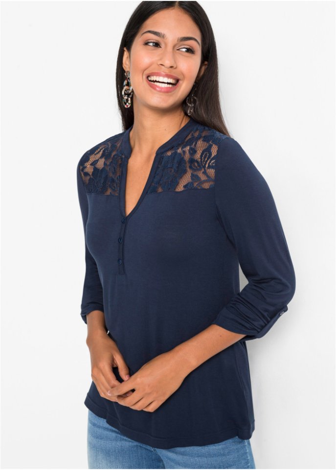 Henleyshirt mit Spitzeneinsatz