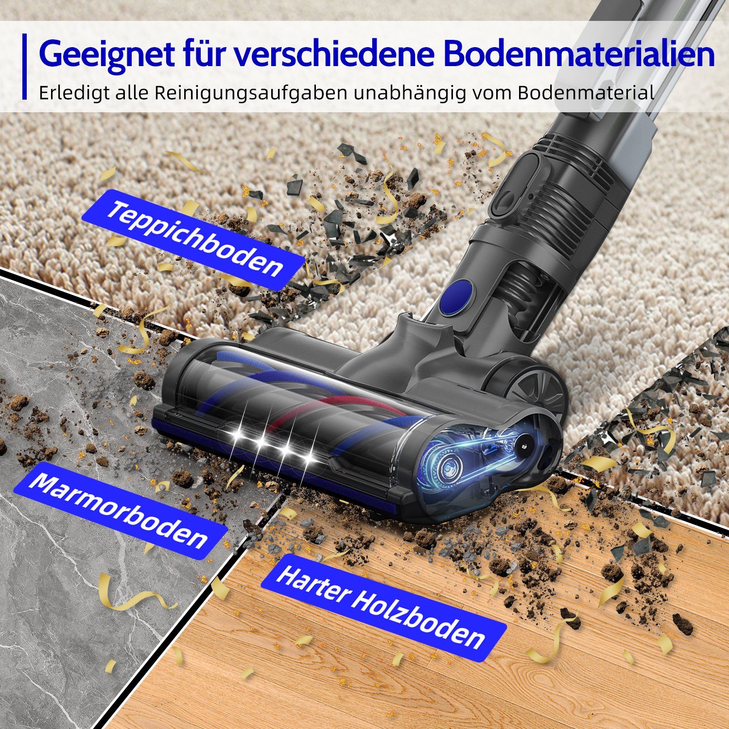 Authmic Akku-Stielstaubsauger Akku Staubsauger, Staubsauger Kabellos mit 25000pa Saugkraft, Akkusauger, Bis zu 50 Min Laufzeit, 1.3L Staubbehälter, kabelloser Staubsauger für Tierhaare,Teppich und Hartböden