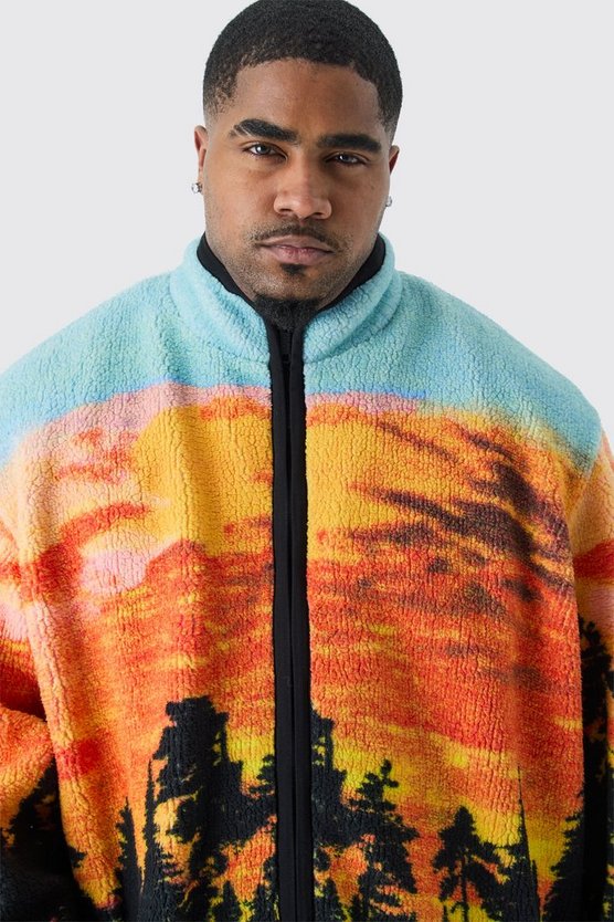 Plus Oversized Landscape Print Borg Funnel Neck Jacket
