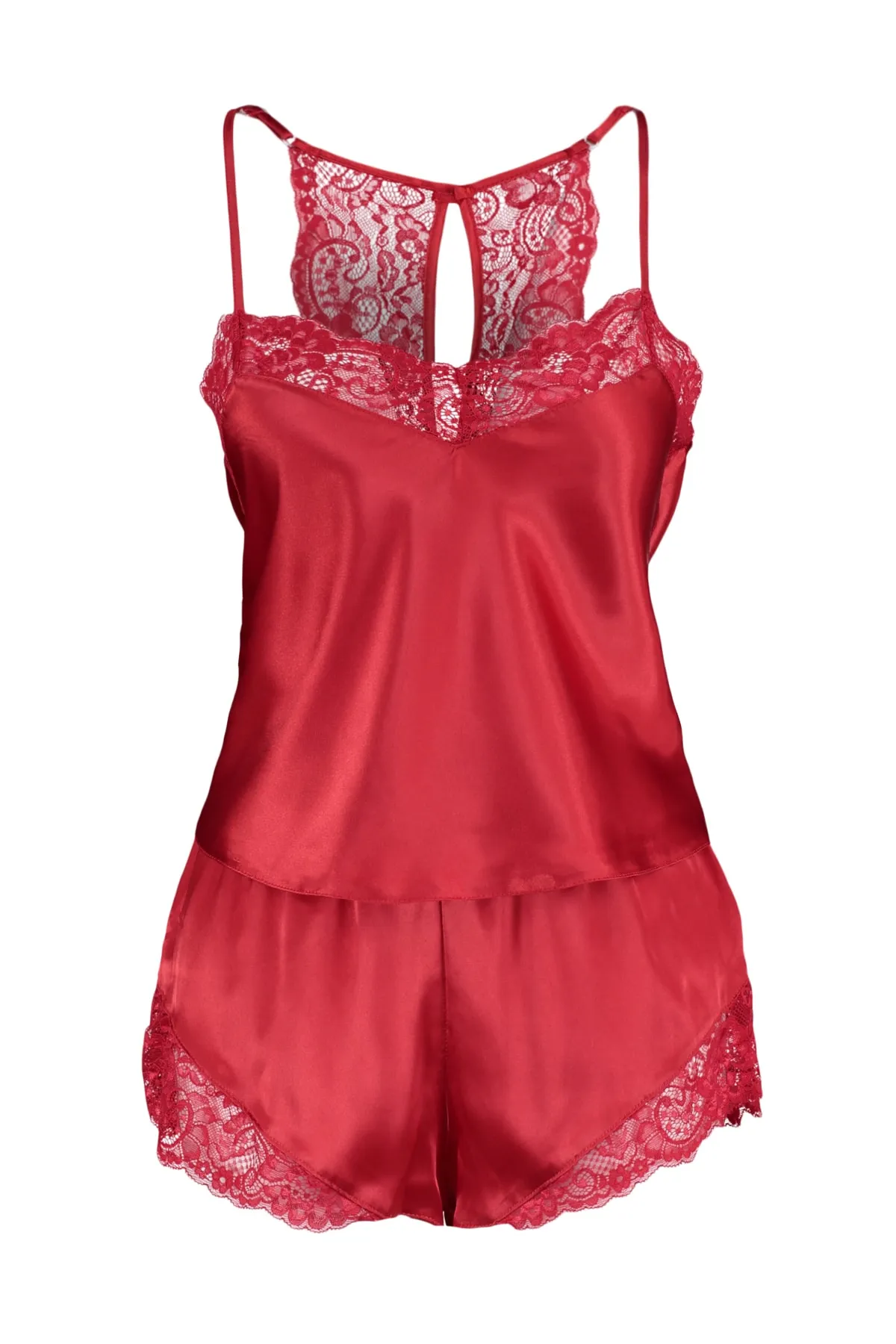 Trendyol Collection  Rotes Pyjama-Set aus gewebtem Satin mit Spitzendetails und Seilträgern THMSS22PT0269