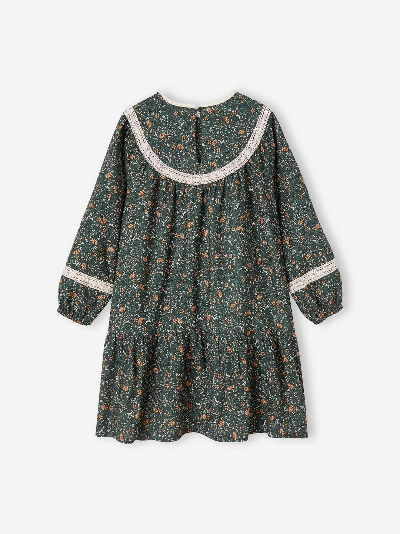 Robe à fleurs détails en dentelle fille bleu nuit