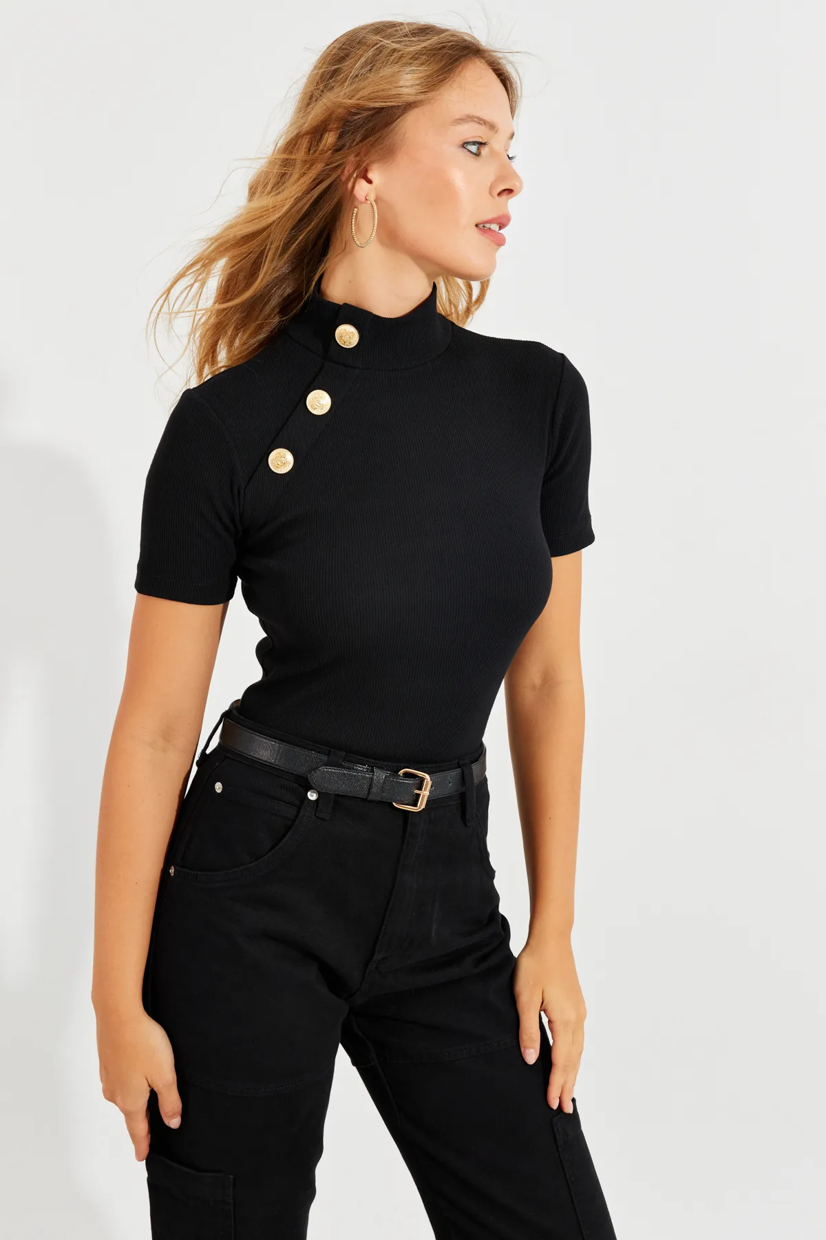 Cool & Sexy  Schwarze Camisole-Bluse mit Knöpfen für Damen EY2560