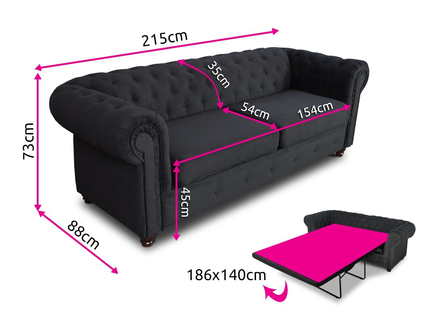 Sofnet Schlafsofa Asti 3 Bis, mit Schlaffunktion, Chesterfield Sofa 3-er, Sofagarnitur, Bettsofa