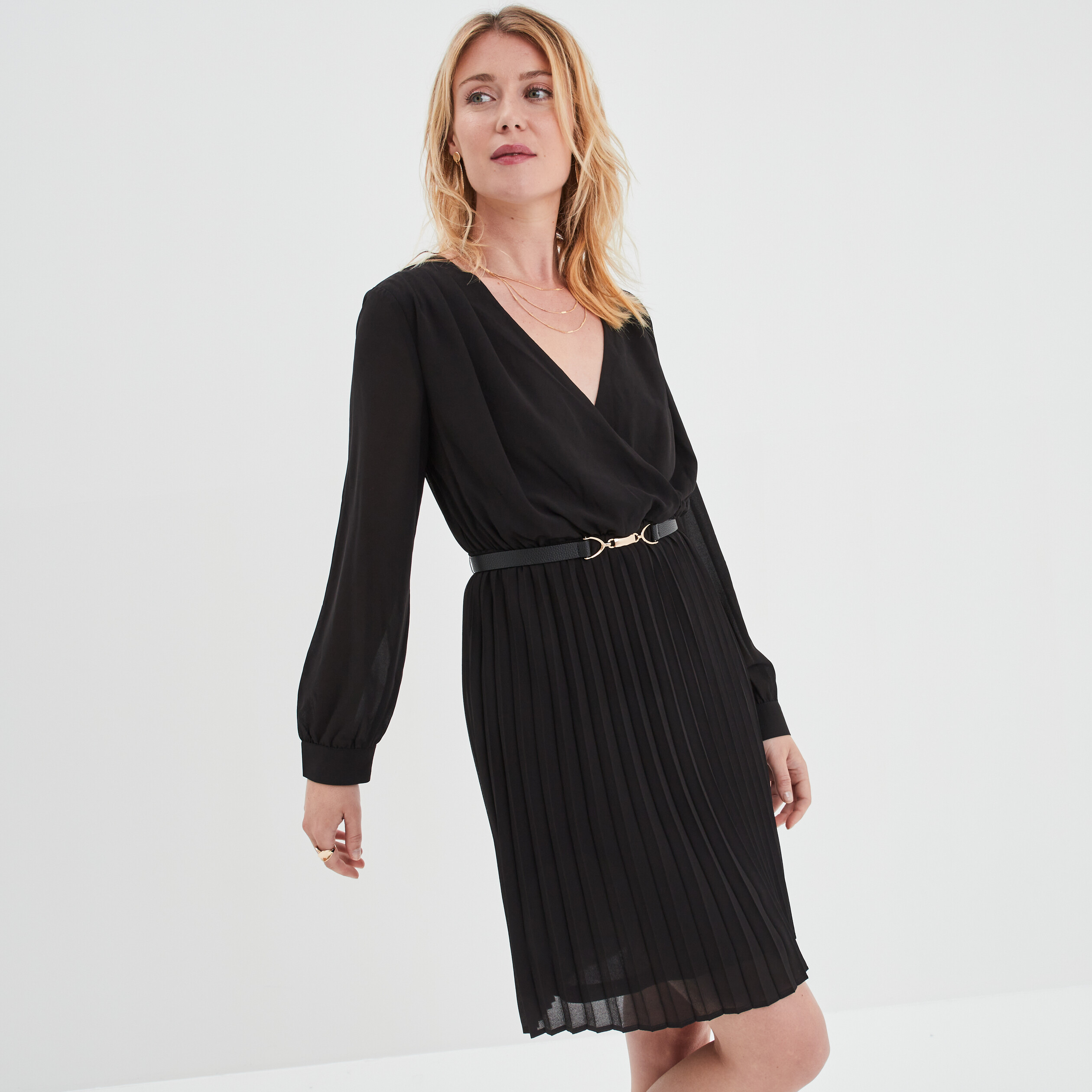 Robe ceinturée bas plissé noir femme | La Halle