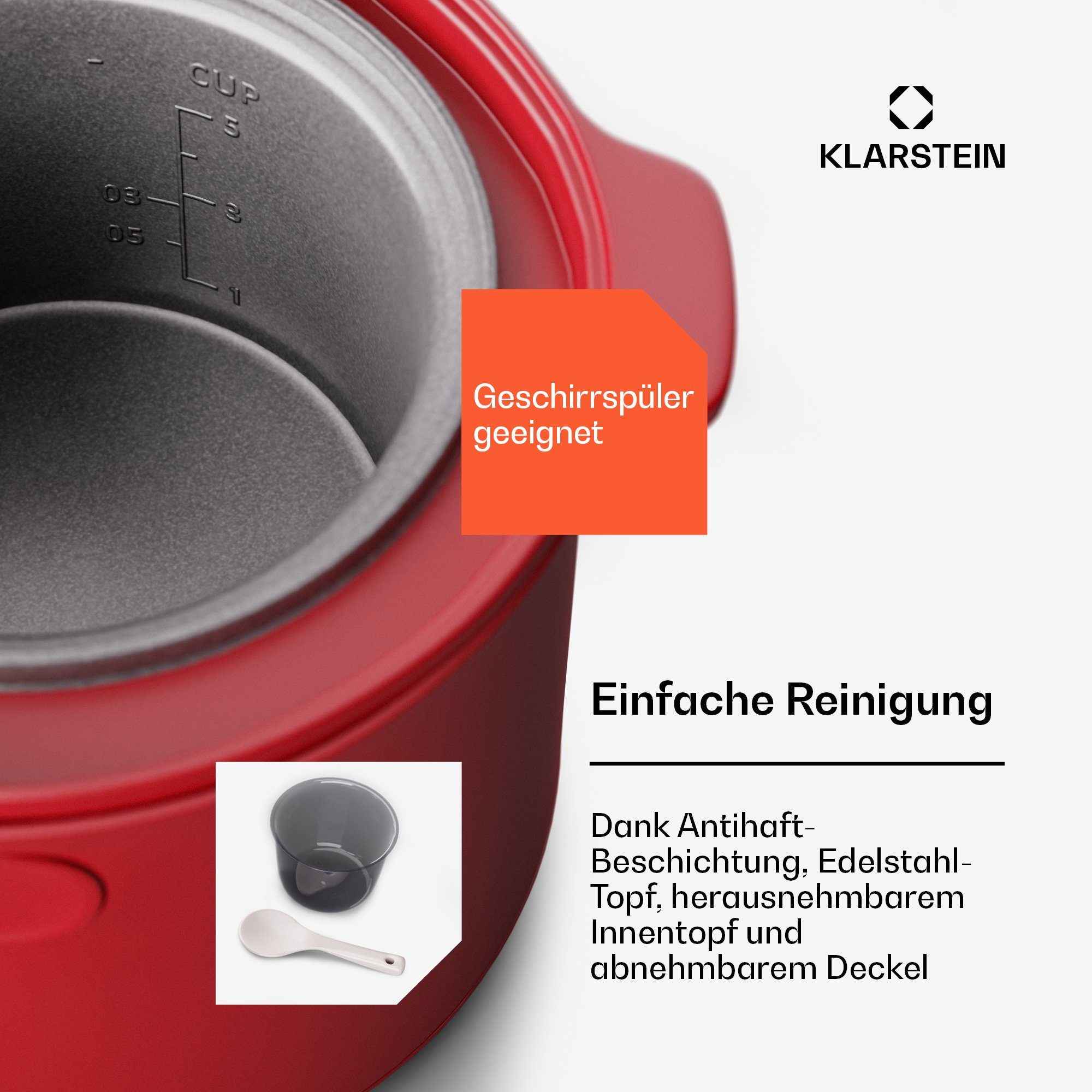 Klarstein Reiskocher Kenbu, 400 W, mit dampfgarer Elektrisch Multifunktions Kocher Rot