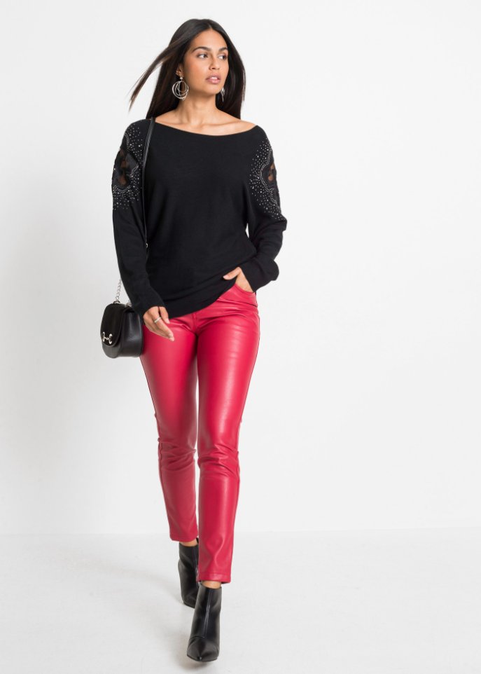 Ripp-Pullover mit Steinchen