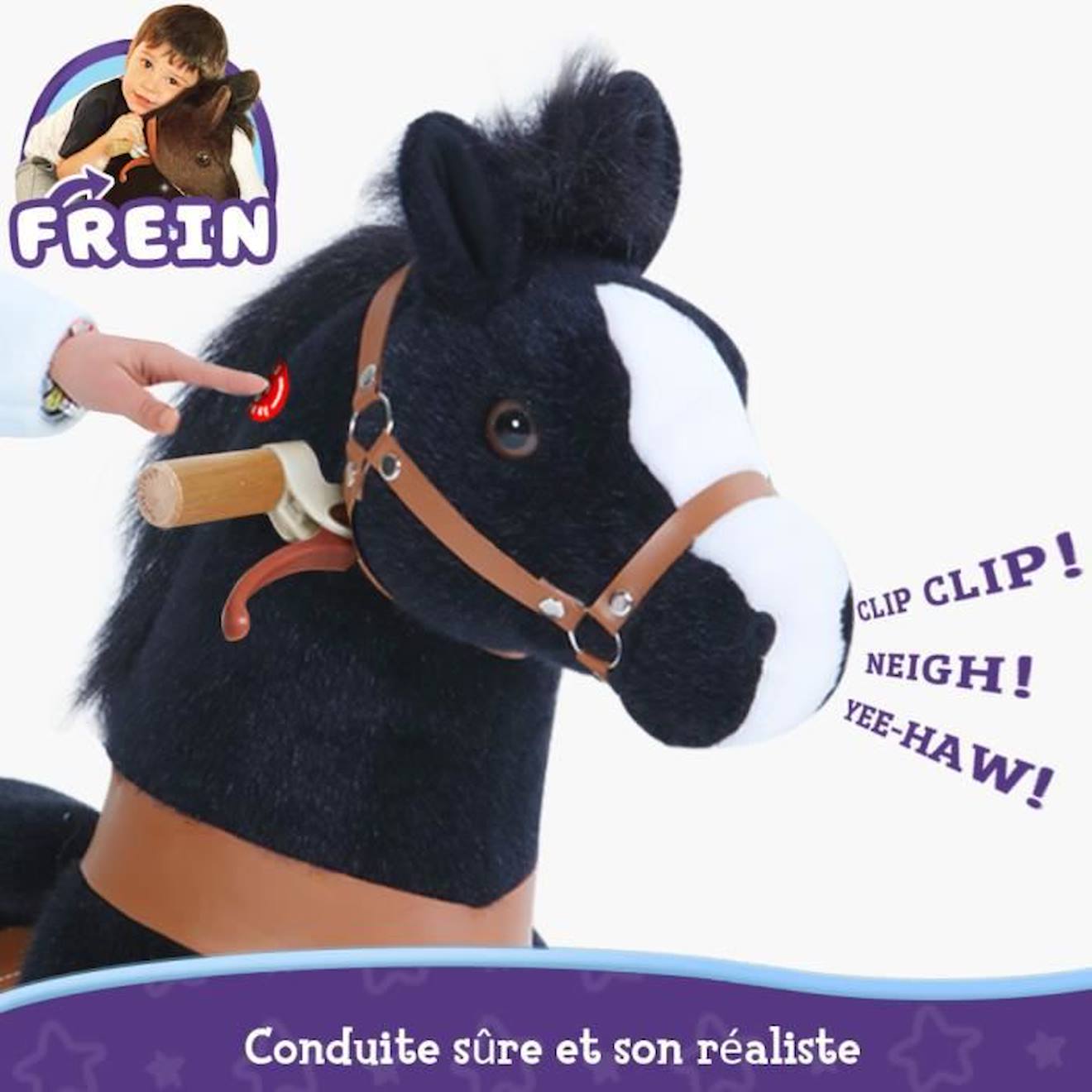 PonyCycle Modèle U Cheval à Bascule Jouet Cheval qui Avance Cheval noir avec frein et son Taille 3 pour les 3-5 ans Ux326 noir