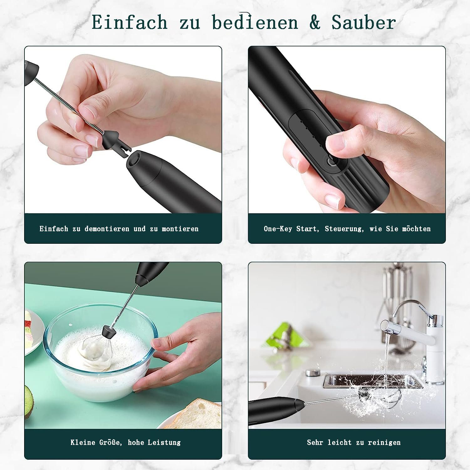 flowgoer Milchaufschäumer Elektrischer Milchaufschäumer-Stick, wiederaufladbar über USB, Elektromixer mit wiederaufladbarem USB, 3-fach verstellbar, Edelstahl