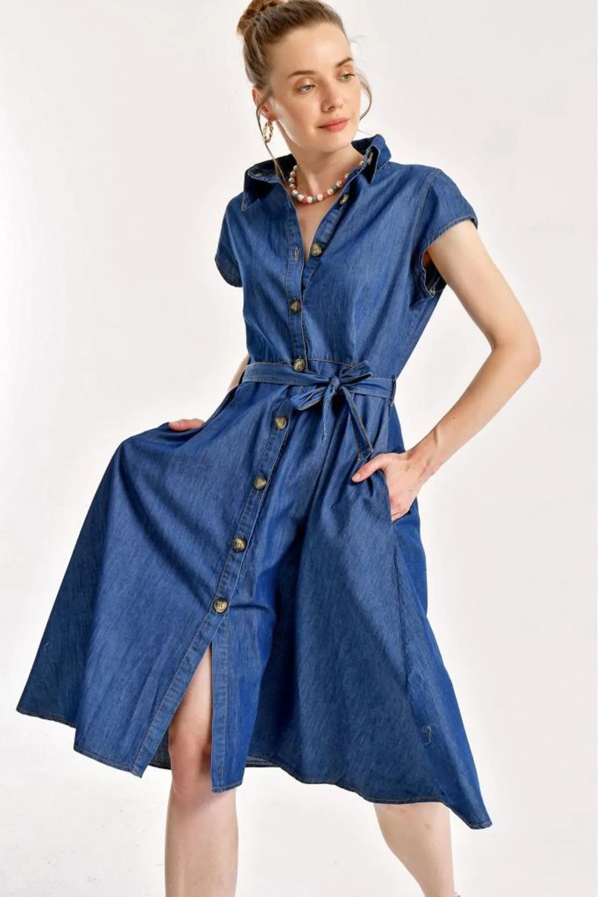 Bigdart  1677 Jeanskleid mit geknöpftem Taillengürtel – Marineblau