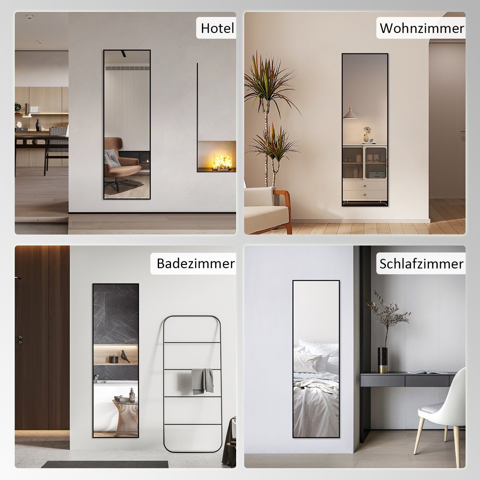 Boromal Spiegel Flur Ganzkörper 150x50 160x40 140x40 Flurspiegel schwarz (Wandspiegel Groß HD Bodenspiegel, mit Alu Metall Rahmen), explosionsgeschützt, 4 Installationsmethoden