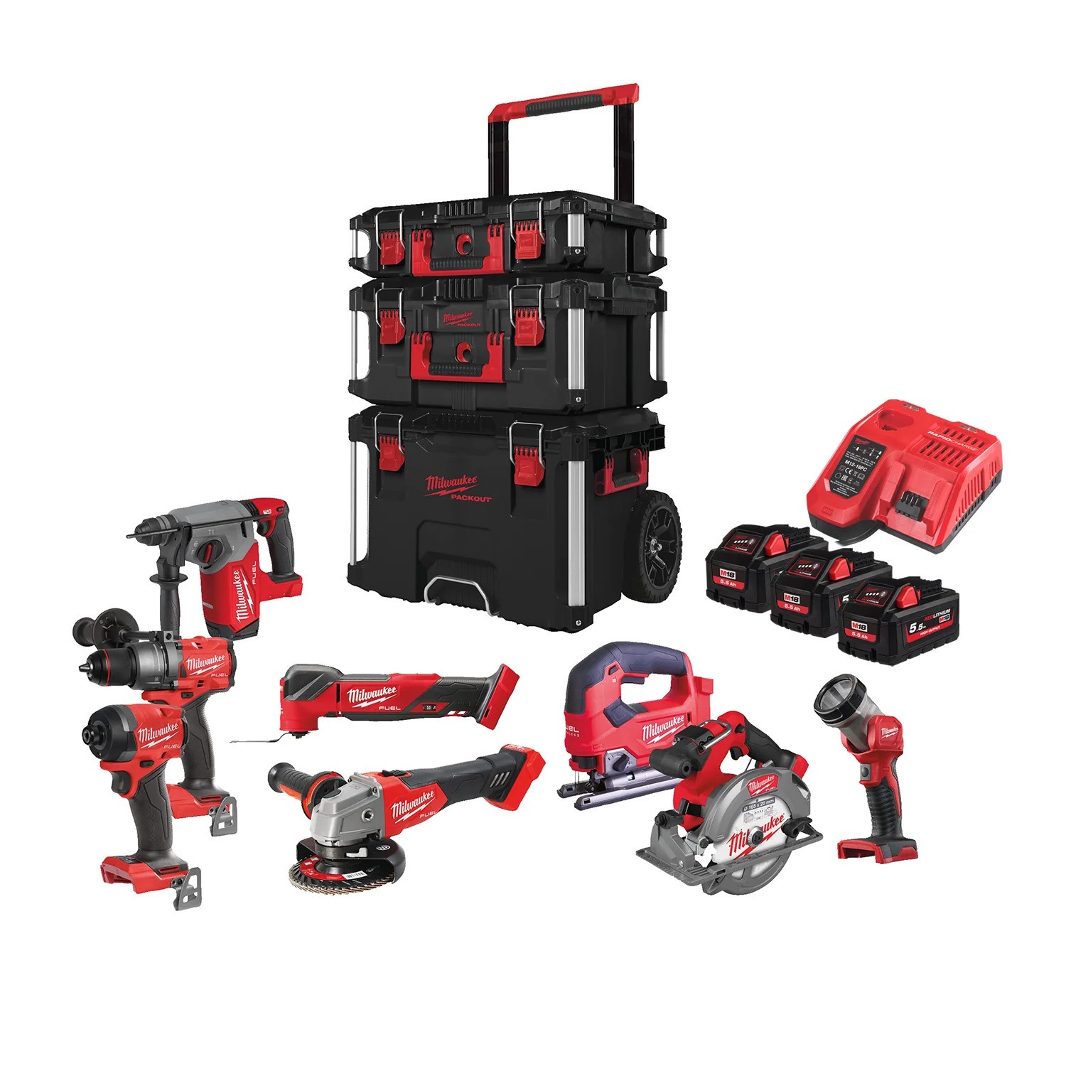 Milwaukee 4933499240 M18 FPP8E-553P M18 FUEL™ Powerpack 8 strojov 18V 5,5Ah Li-Ion v PackOut vozíku 4933499240