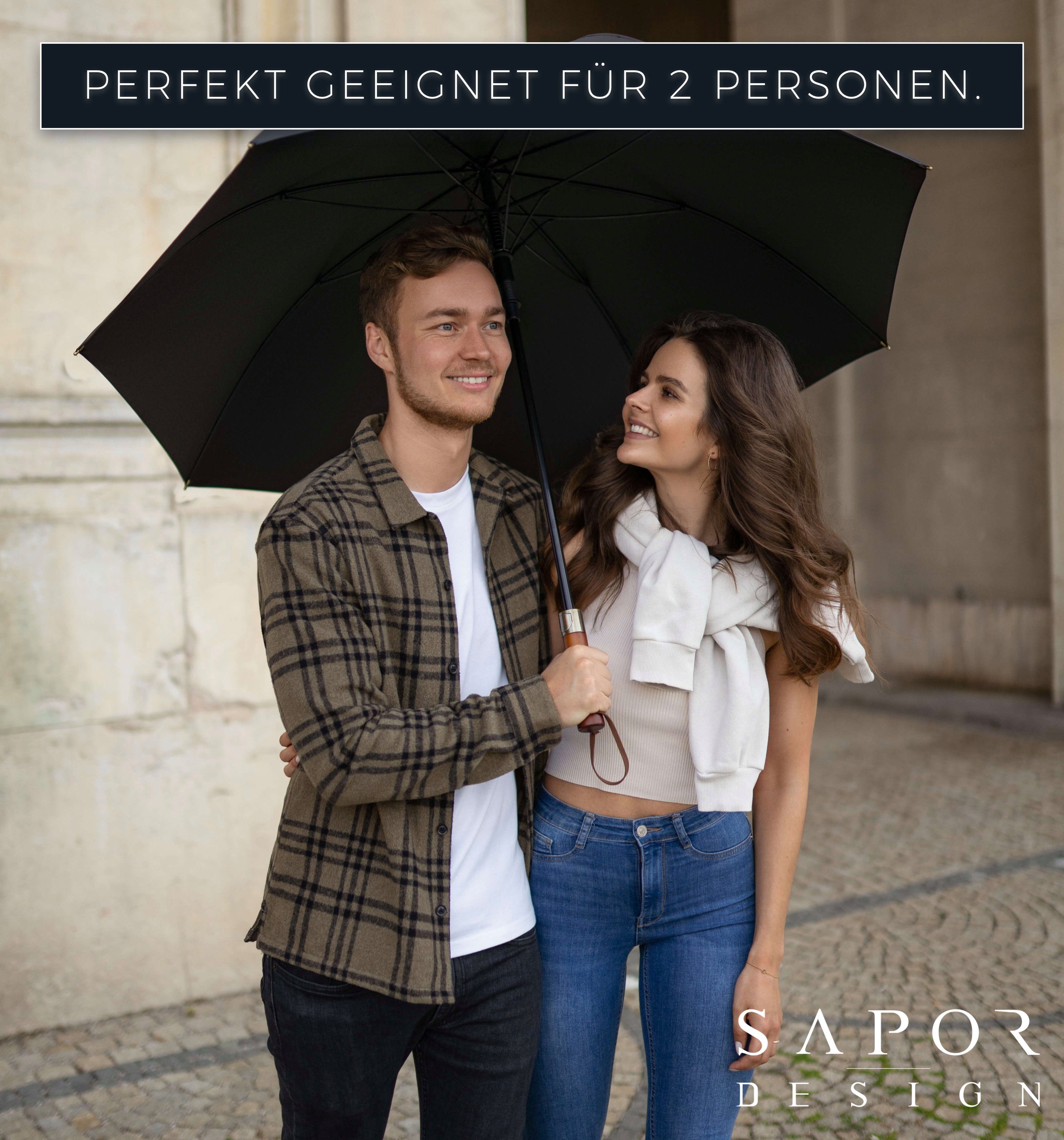 Sapor Design Stockregenschirm Sapor Design Stockschirm MODERN, Mit extra großem Dach, Manufaktur-Stockschirm, Holzgriff