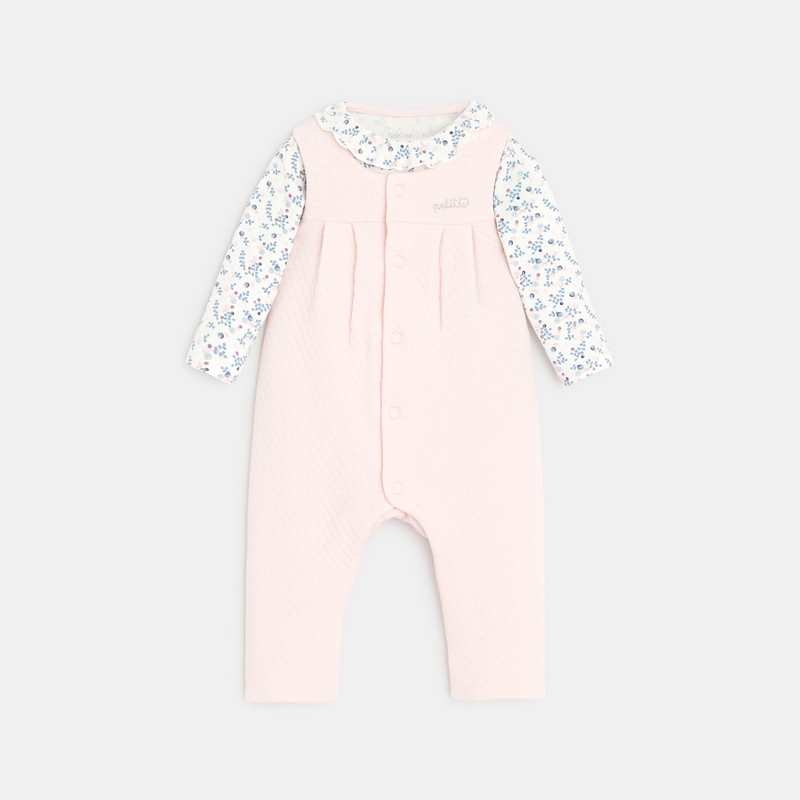 Salopette coton quilté et body fleuri rose naissance