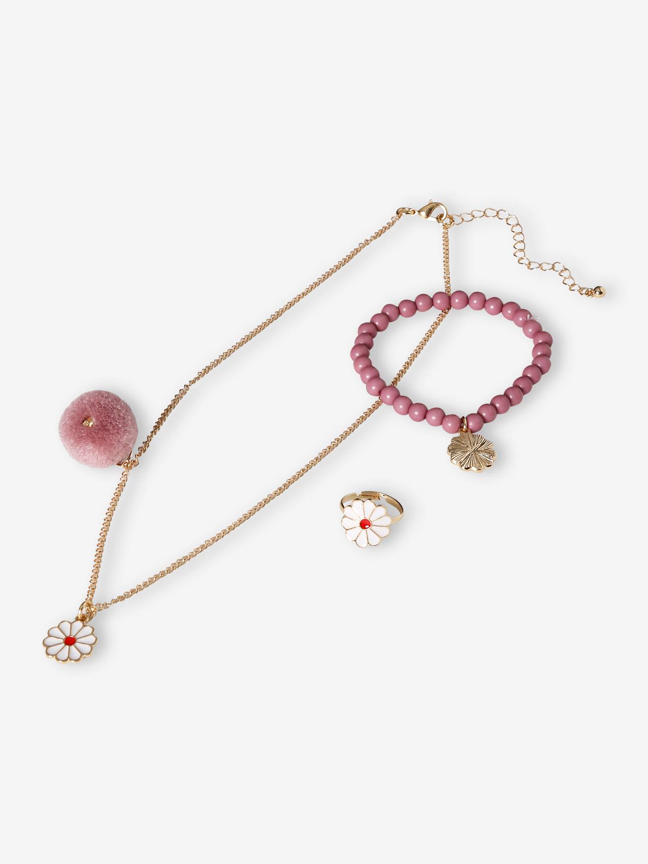 Ensemble collier + bracelet + bague marguerites mauve