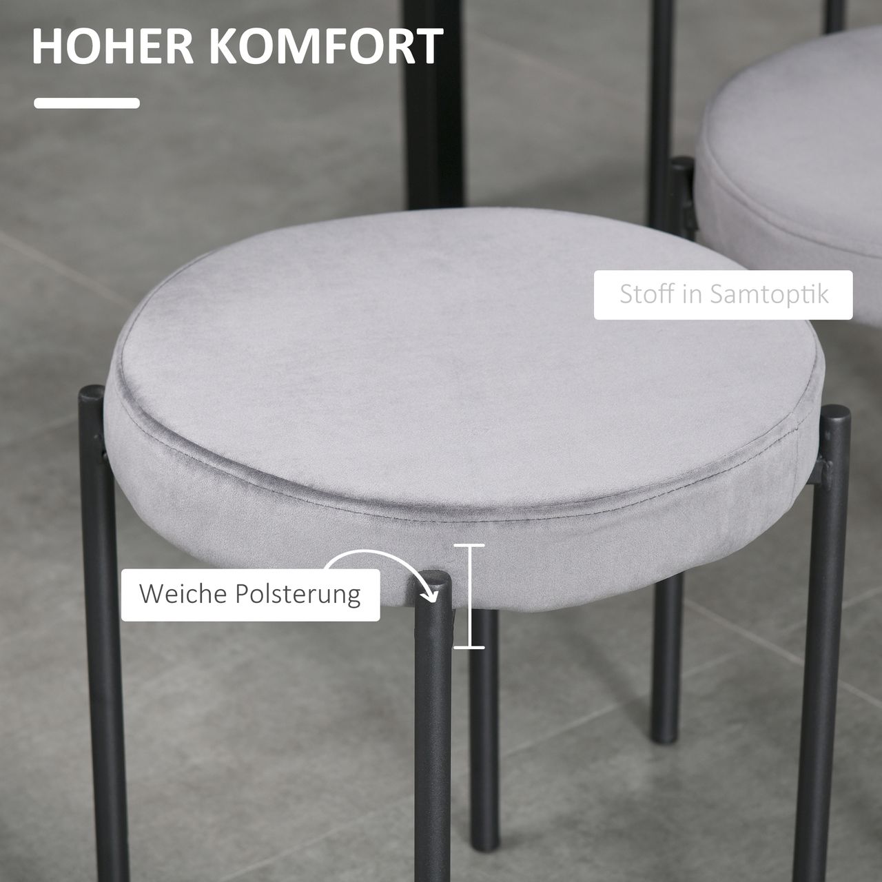 HOMCOM 4er-Set Esszimmerhocker Stapelhocker Küchenhocker Thekenhocker mit gepolstertem Sitz Rundhocker Barhocker Velvet-Touch modern Küche Esszimmer Polyester Stahl Dunkelgrau 41,5 x 41,5 x 46 cm