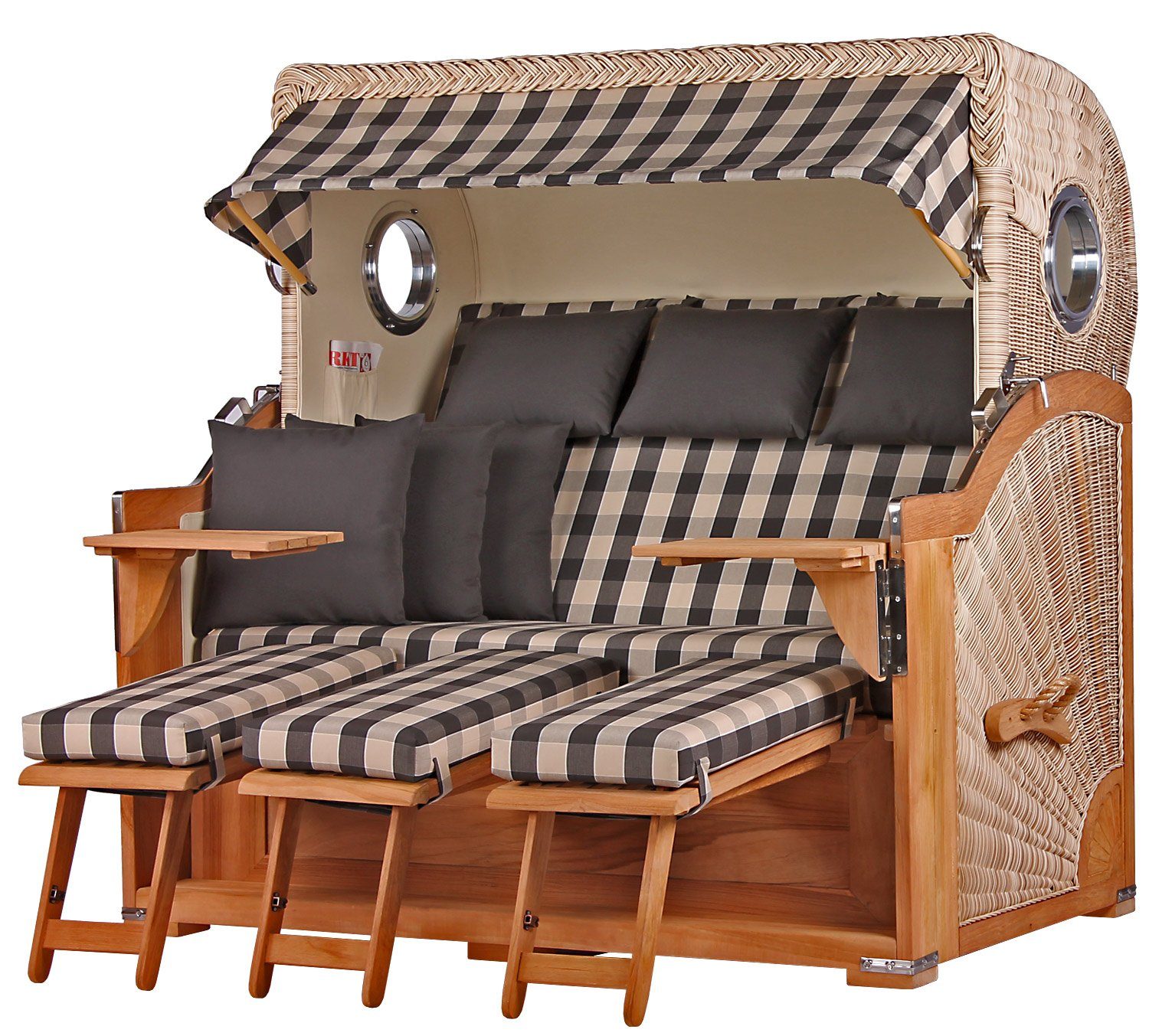bene living Strandkorb Königssee 3-Sitzer Teak - PE shell - Modell 505, BxTxH: 170x95x170 cm, Volllieger ca. 175 Grad, Ostsee-Strandkorb, inkl. Liftersystem und Bullaugen