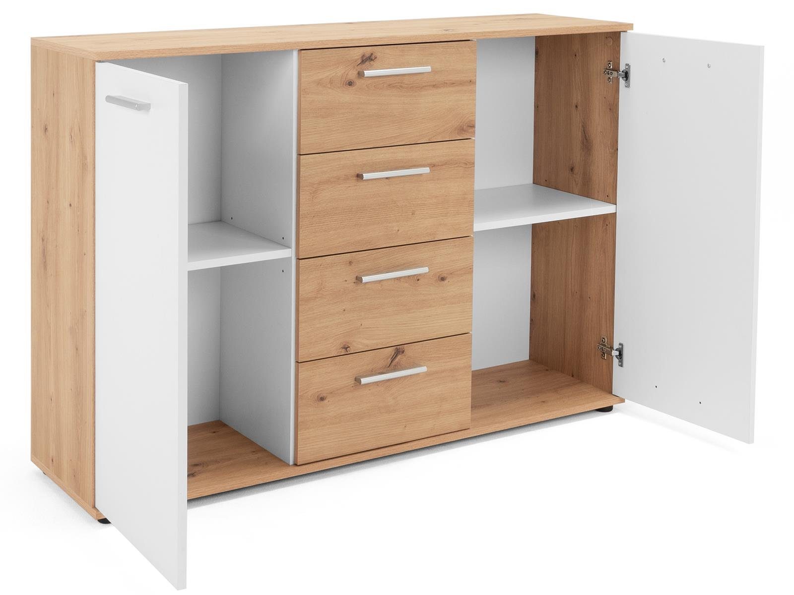 möbelando Sideboard Jacklin, Modernes Sideboard aus Spanplatte in Artisan Eiche Nachbildung /Weiß mit 4 Schubkästen und 2 Türen dahinter je 1 Boden. Breite 120 cm, Höhe 85 cm, Tiefe 35 cm