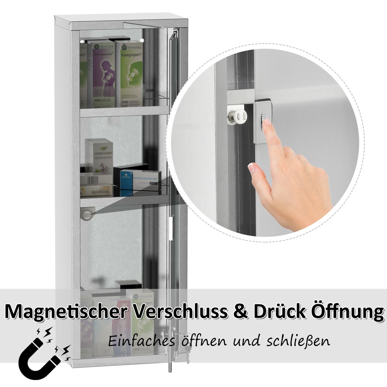 kleankin Medizinschrank Arzneischrank Erste-Hilfe-Schrank mit Schloss 3 Fächer Mattglas 430 Edelstahl gehärtete Glastür Silber 20 x 12 x 58 cm