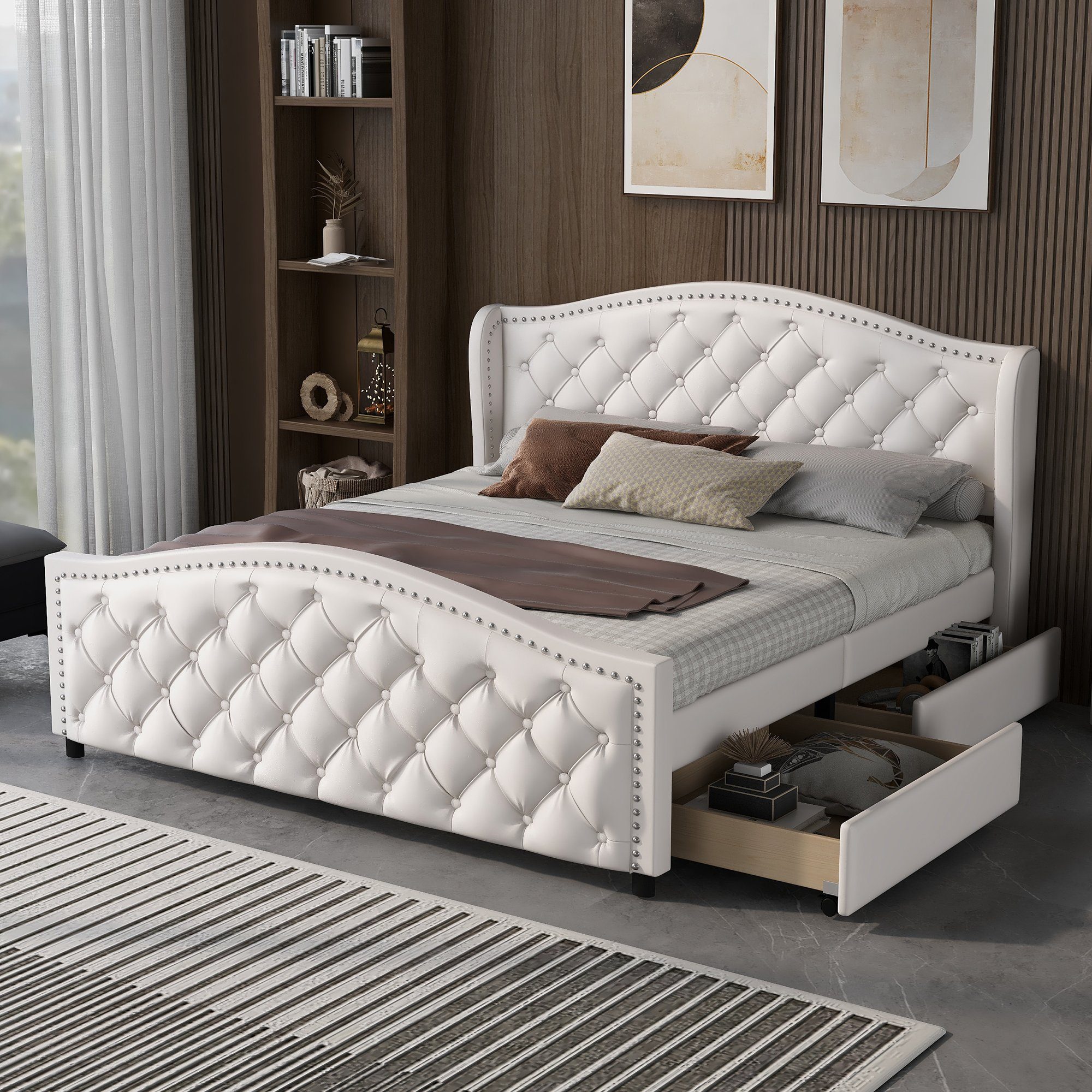 OKWISH Polsterbett Doppelbett Stauraumbett (mit Lattenrost und Kopfteil,Doppelbett, Stauraumbett mit 2 Schubkästen, 140X200 cm ohne Matratze), mit hohes Kopfteil & Bettkasten, Holzlattenunterstützung, PU, weiß