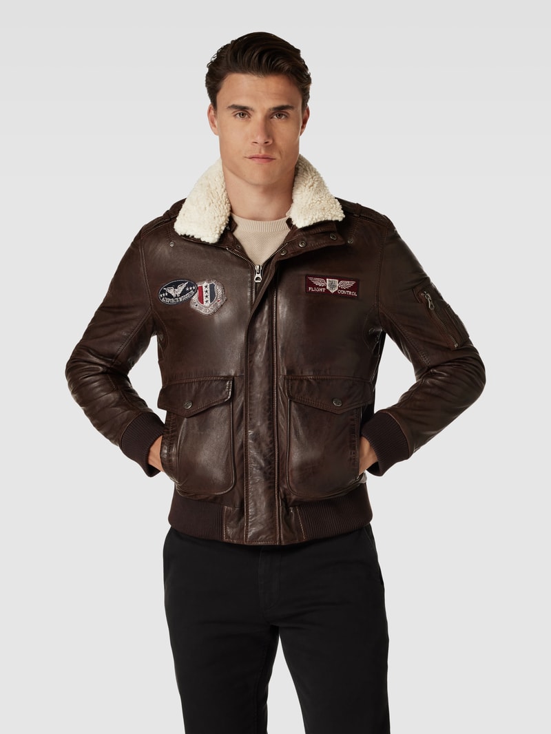 Lederjacke aus echtem Leder mit Label-Patches Modell 'CRUISE' in dunkelbraun