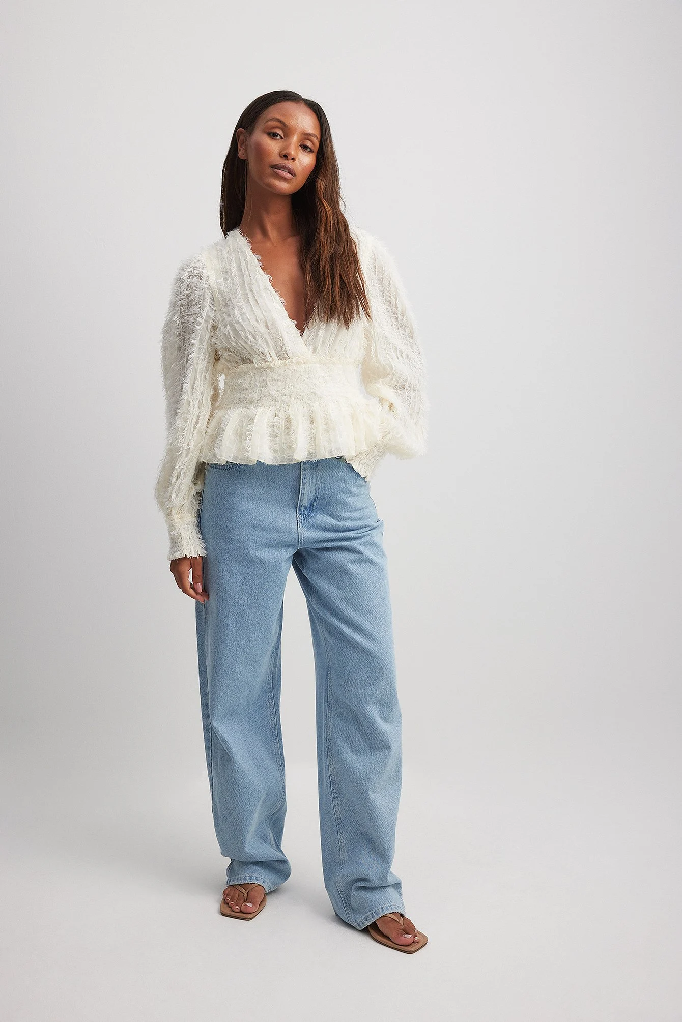 Recycelte gesmockte LS-Bluse mit Fransen