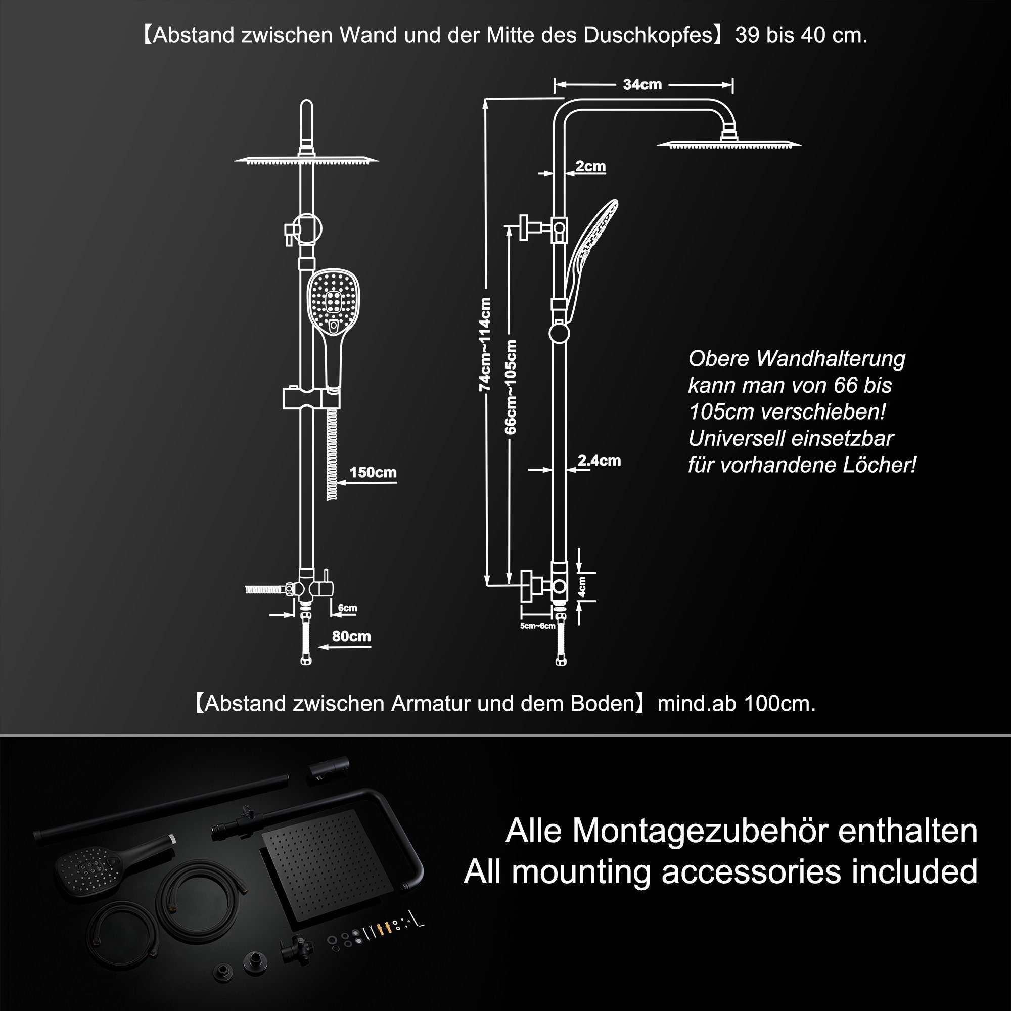 JOHO Brausegarnitur Duschsystem Duschset Dusche Schwarz Edelstahl, Höhe 114 cm, 3 Strahlart(en), Kopfbrause 2020cm, universell einsetzbar für vorhandene Löcher