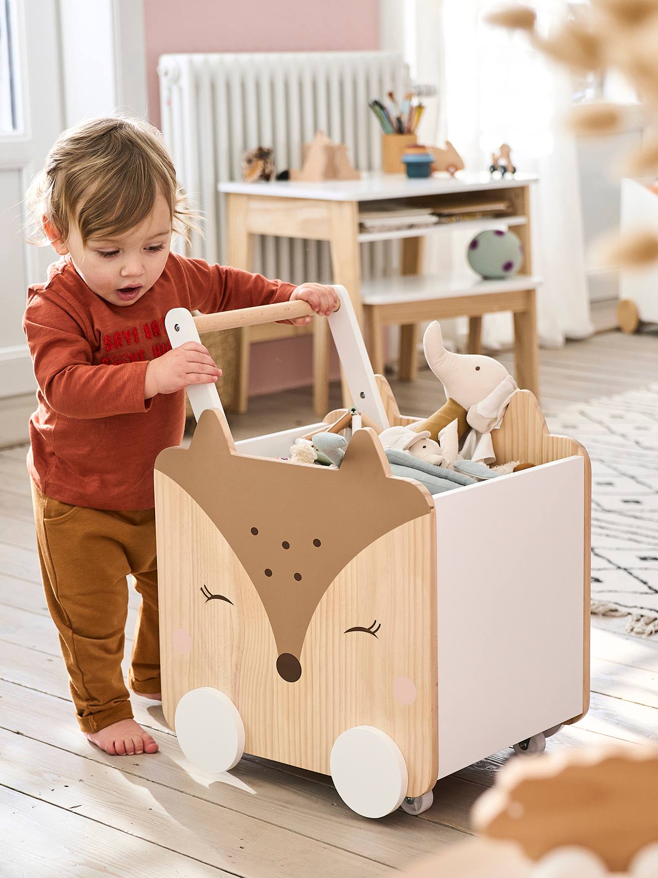 Vertbaudet Fahrbare Kinder Spielzeugkiste REH - weiß/natur
