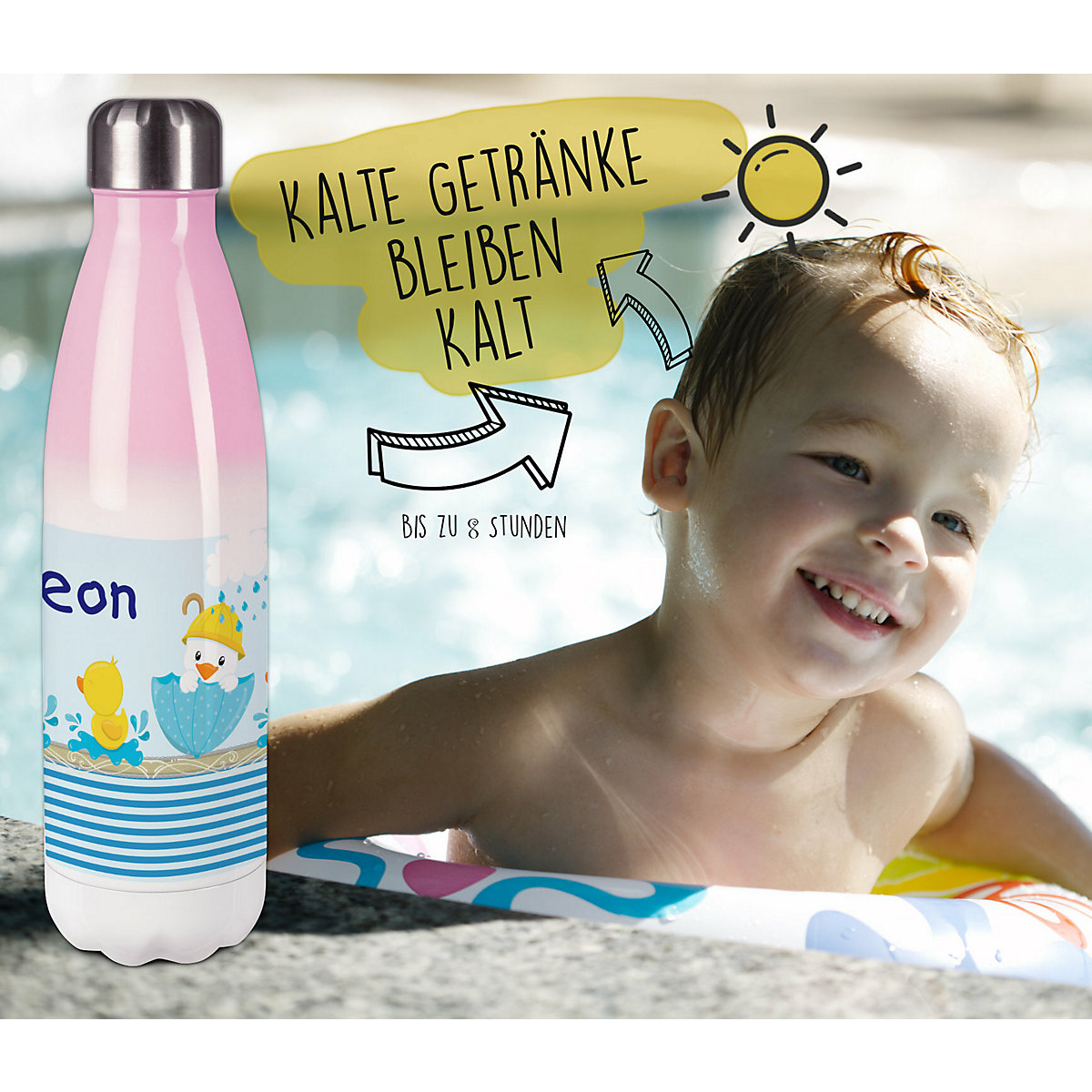 Edelstahl Kinder Thermoflasche / Trinkflasche bunt Ente Spülmaschinenfest, Auslaufsicher, Bruchfest, Doppelwandig, Für Heißgetränke geeignet, Mit Deckel, Isoliert