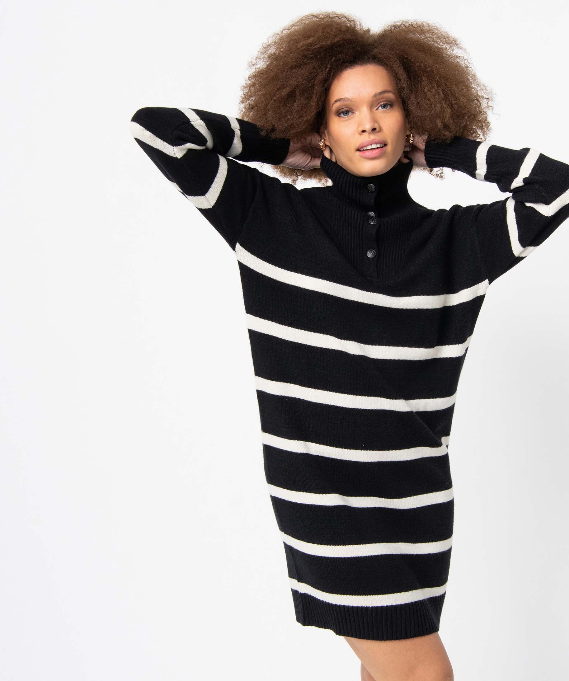 Robe pull femme à rayures avec col montant boutonné raye | GEMO