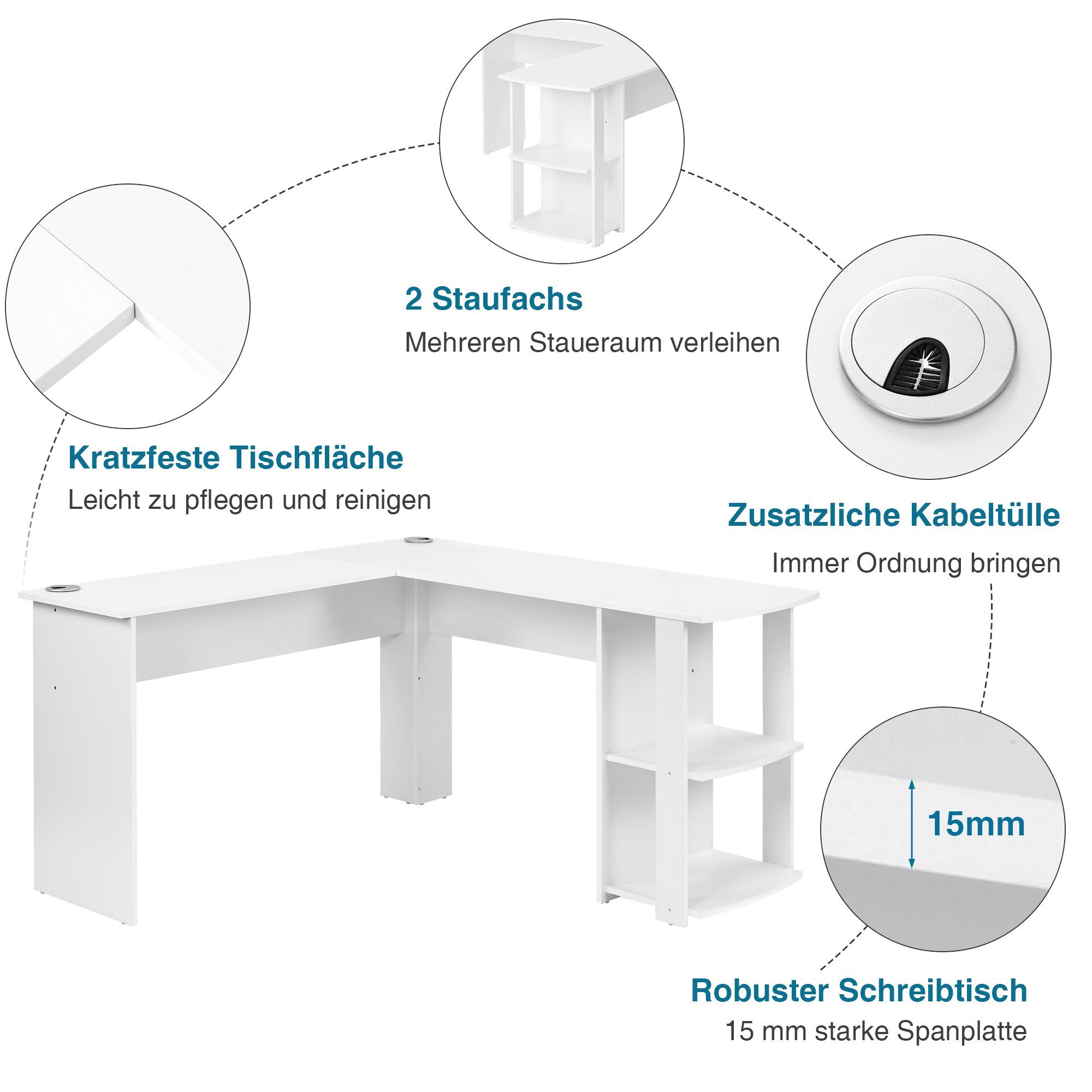 HAUSS SPLOE Schreibtisch Eckschreibtisch L-Förmig Bürotisch Arbeitstisch (140cm mit 2 Ablagen), Computertisch L-förmiger Eckschreibtisch, Weiß