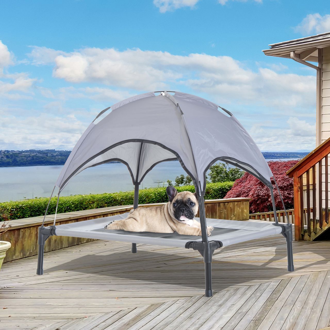 PawHut Haustierbett mit Baldachin Erhöhtes Hundebett Hundeliege outdoor Grau