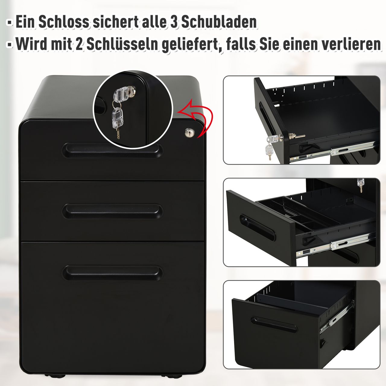 Vinsetto Rollcontainer Aktenschrank Bürocontainer mit 3 Schubladen Büroschrank Aufbewahrung Container Stahl Schwarz 39 x 48 x 59 cm