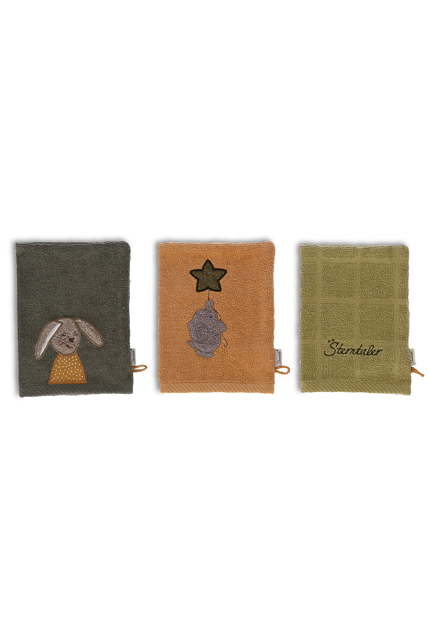 GOTS 3er-Pack Waschhandschuhe Elefant Eddy + Hase