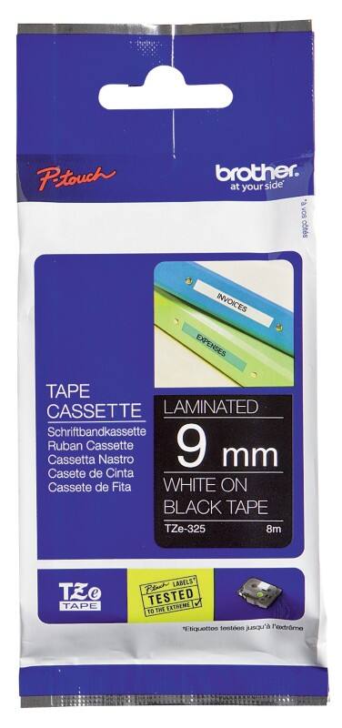 Brother TZe-325 Authentic Schriftband Selbstklebend Weißer Druck auf Schwarz 9 mm x 8m
