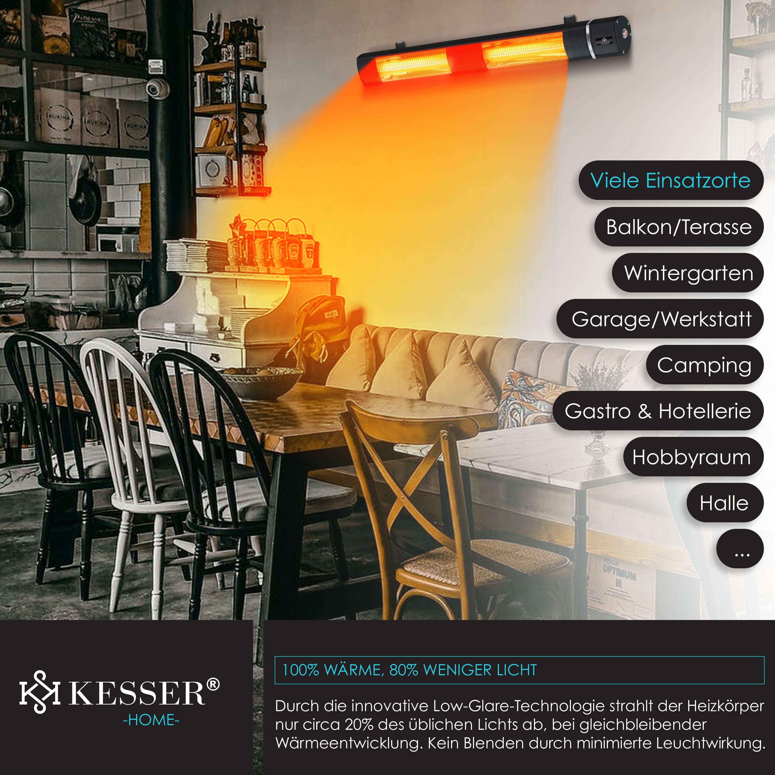 KESSER Infrarotstrahler, 3000 W, Infrarot Heizstrahler 3000W IR-Gastro-Bar Terrassenstrahler