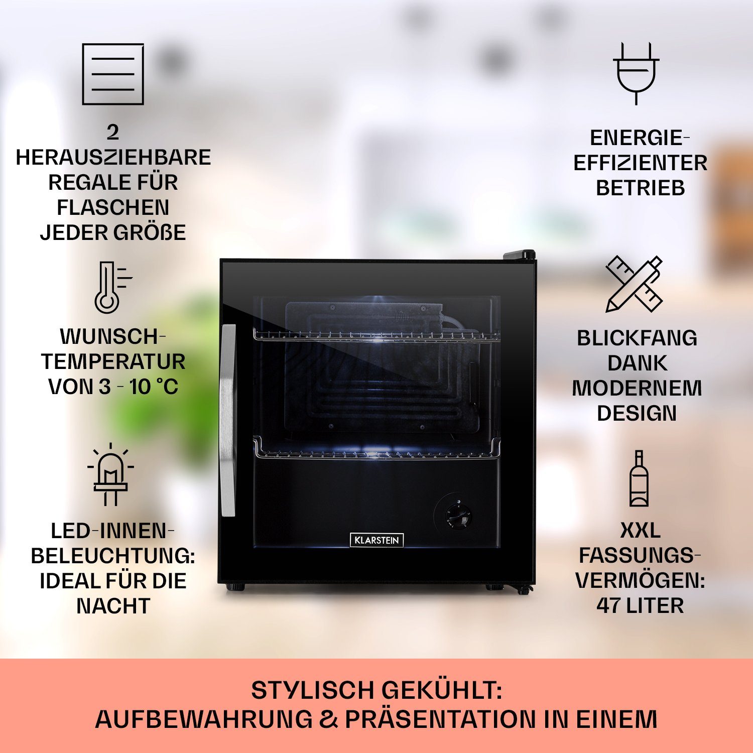 Klarstein Getränkekühlschrank HEA-BeersafeL-onyx 10032870A, 50 cm hoch, 47.5 cm breit, Mini Kühlschrank Bierkühlschrank klein Getränkekühlschrank mit Glastür