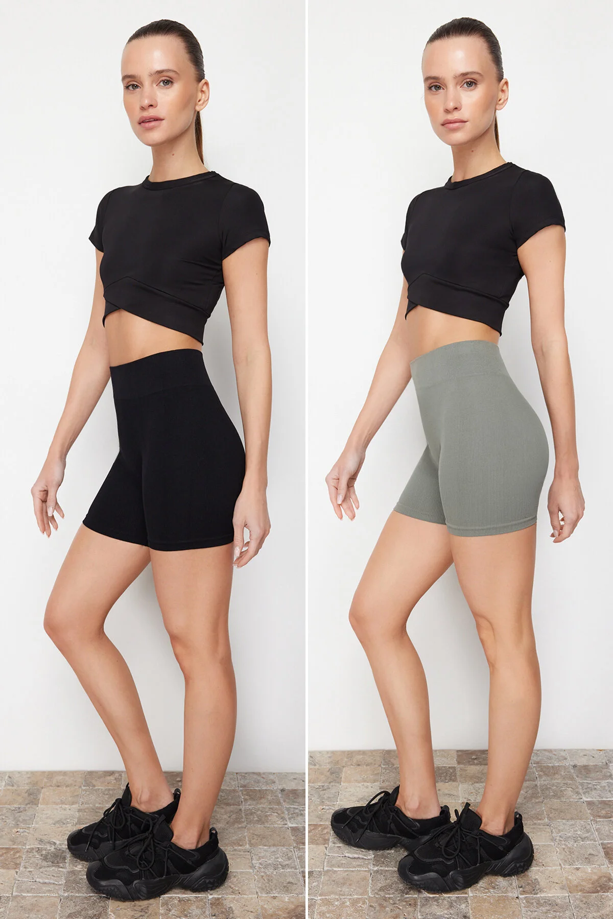 Trendyol Collection  Schwarz-Khakifarbene 2er-Pack nahtlos gestrickte Sportshorts/kurze Leggings THMSS24TY00046