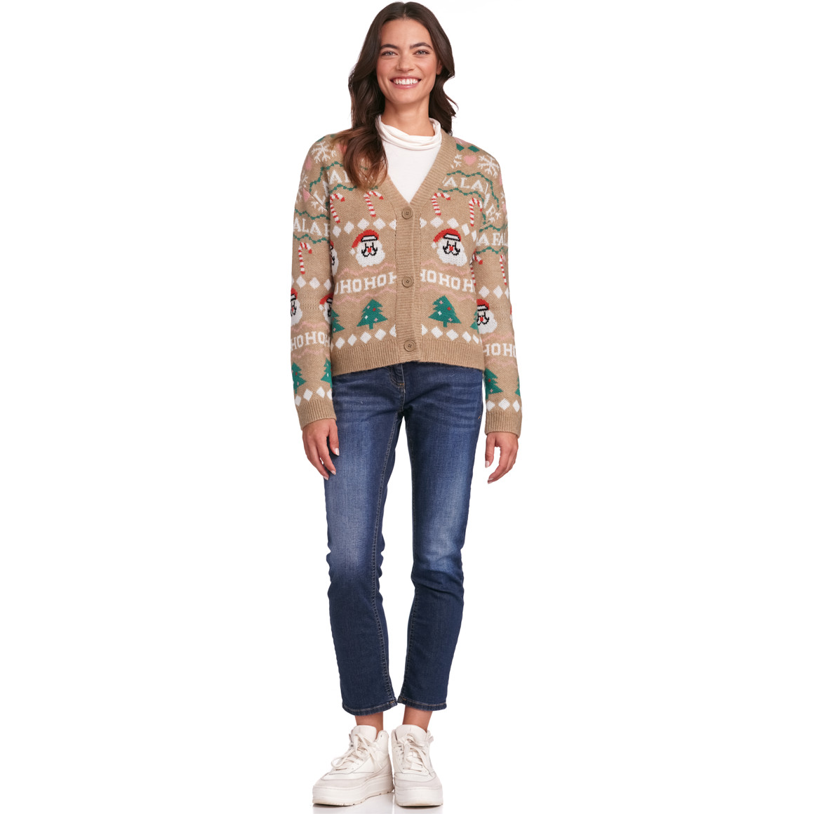 Damen Weihnachtsstrickjacke mit V-Ausschnitt beige