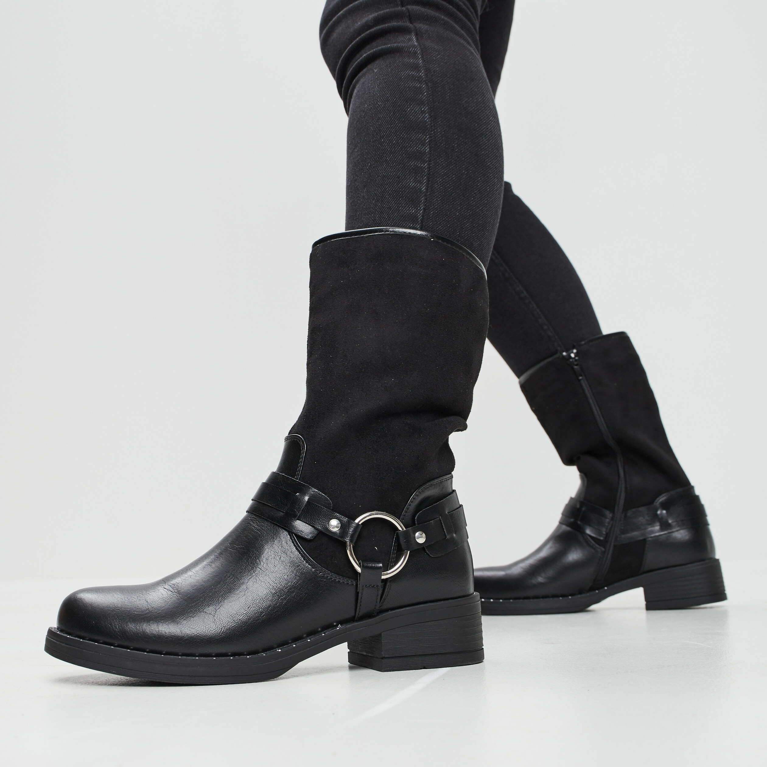 Bottes bi-matière avec boucles noir femme | La Halle