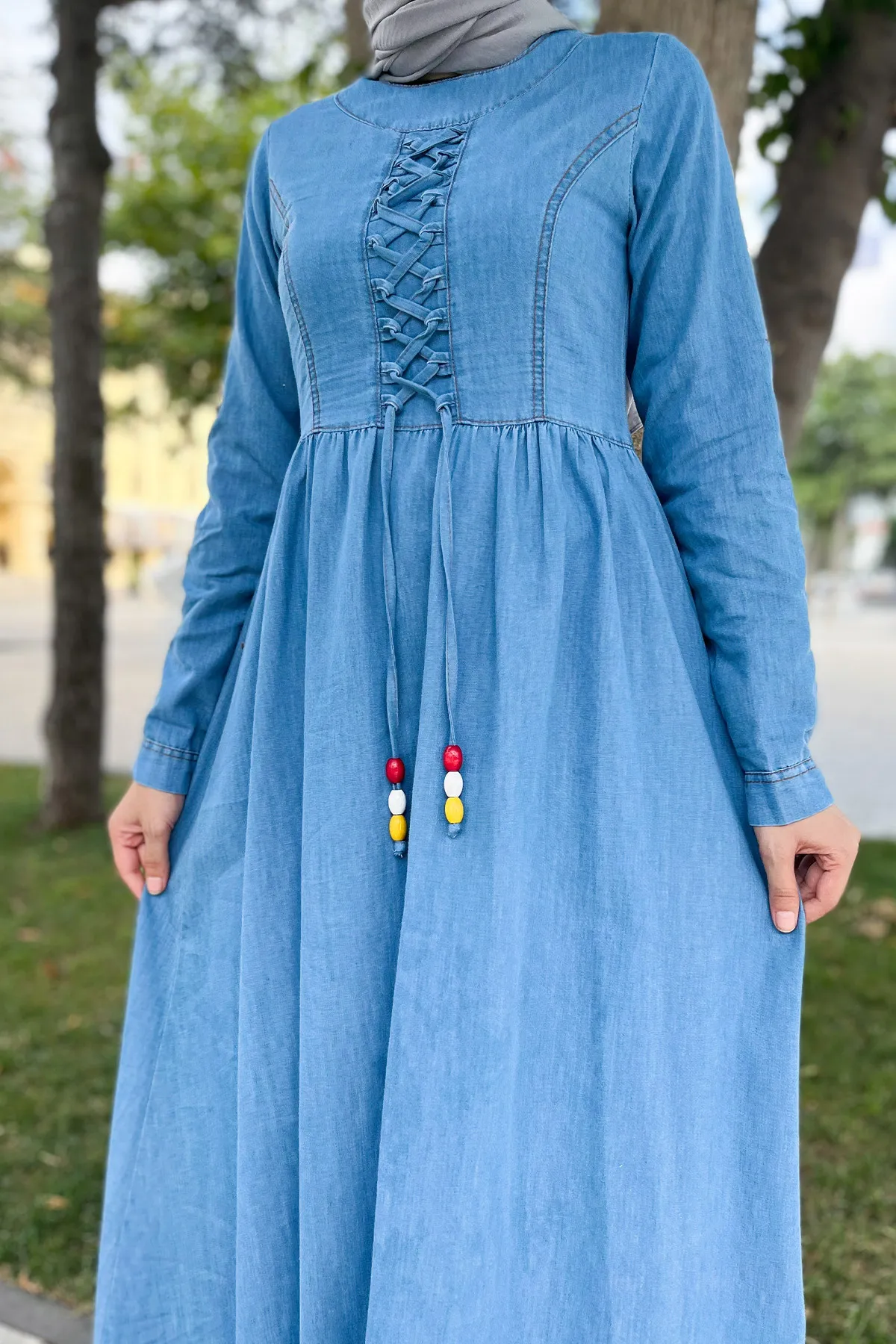 Tesettür Dünyası  Vorne geschnürtes Hijab-Jeanskleid Tsd220833 Hellblau