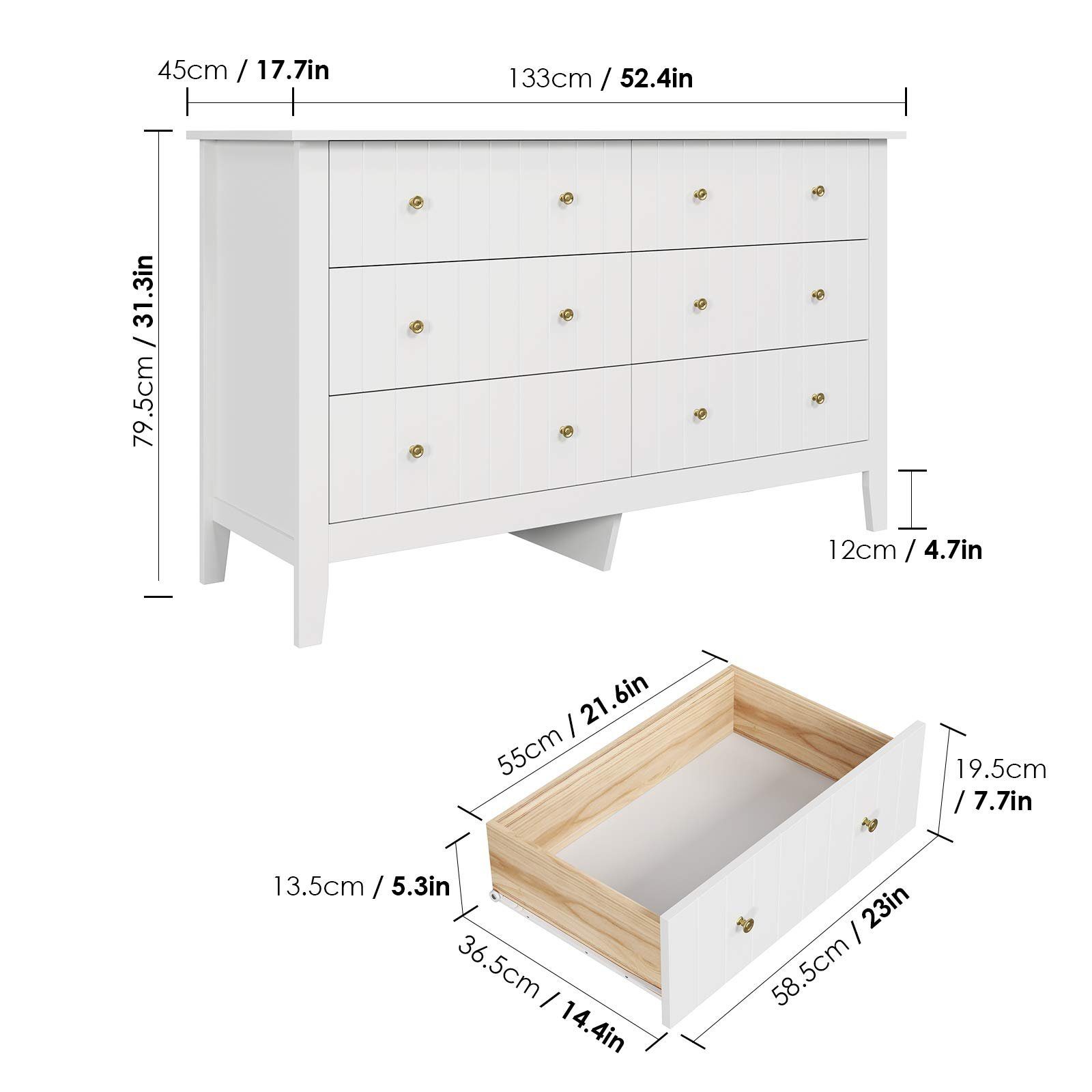 Homfa Kommode, Sideboard, Kommodenschrank, mit 6 Schubladen, weiß, 133x45x79,5cm