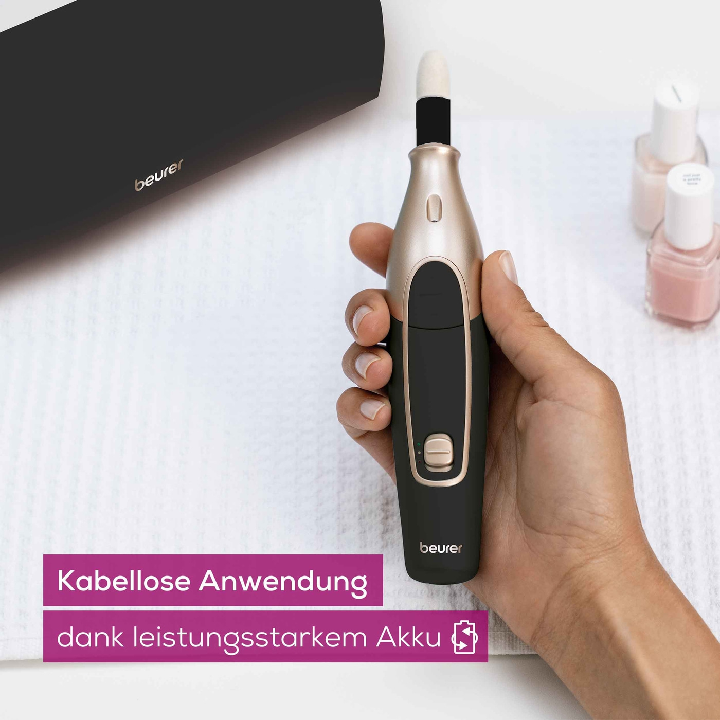 Beurer Wiederaufladbares Maniküre- & Pediküreset MP 84-Kabelloser Nagelfräser für Maniküre & Pediküre mit 10 Saphir- & Filzaufsätzen