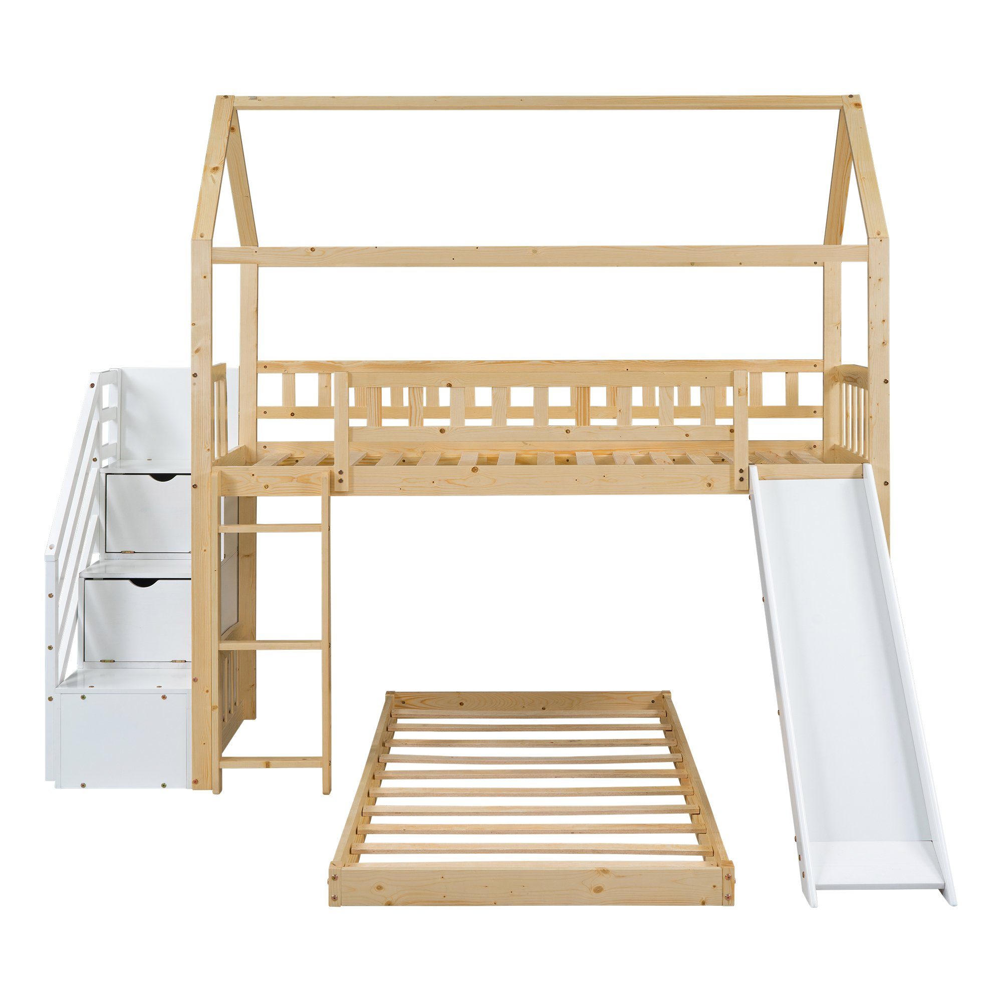Gotagee Kinderbett Hausbett Kinderbett Etagenbett mit Treppe+Stauraum+Rutsche 90x200cm, Natur+Weiß
