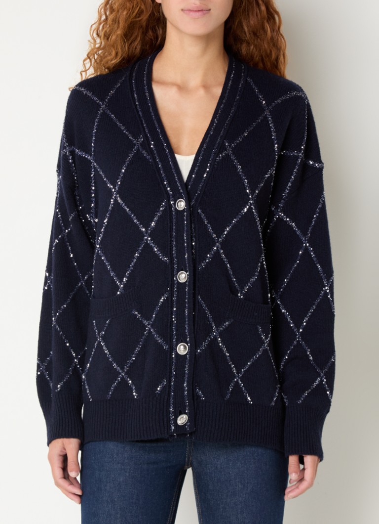 Cardigan Maje in pregiata maglia di misto lana con paillettes e tasche applicate.