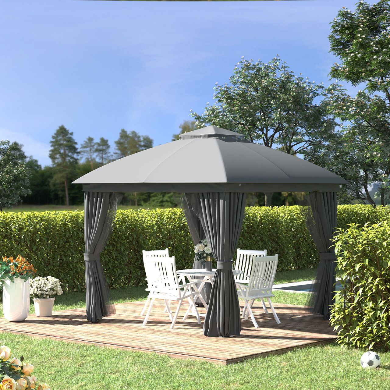 Outsunny Gartenpavillon Pavillon 3 x 3 m mit Doppeldach mit Moskitonetz Alu