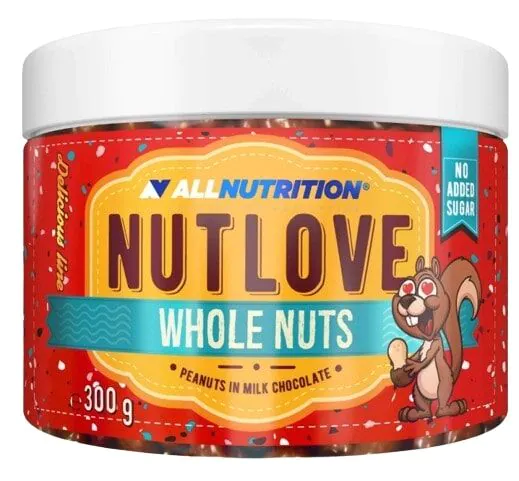 „Allnutrition Nutlove Whole Nuts Milky“ – žemės riešutai pieniškame šokolade, 300 g