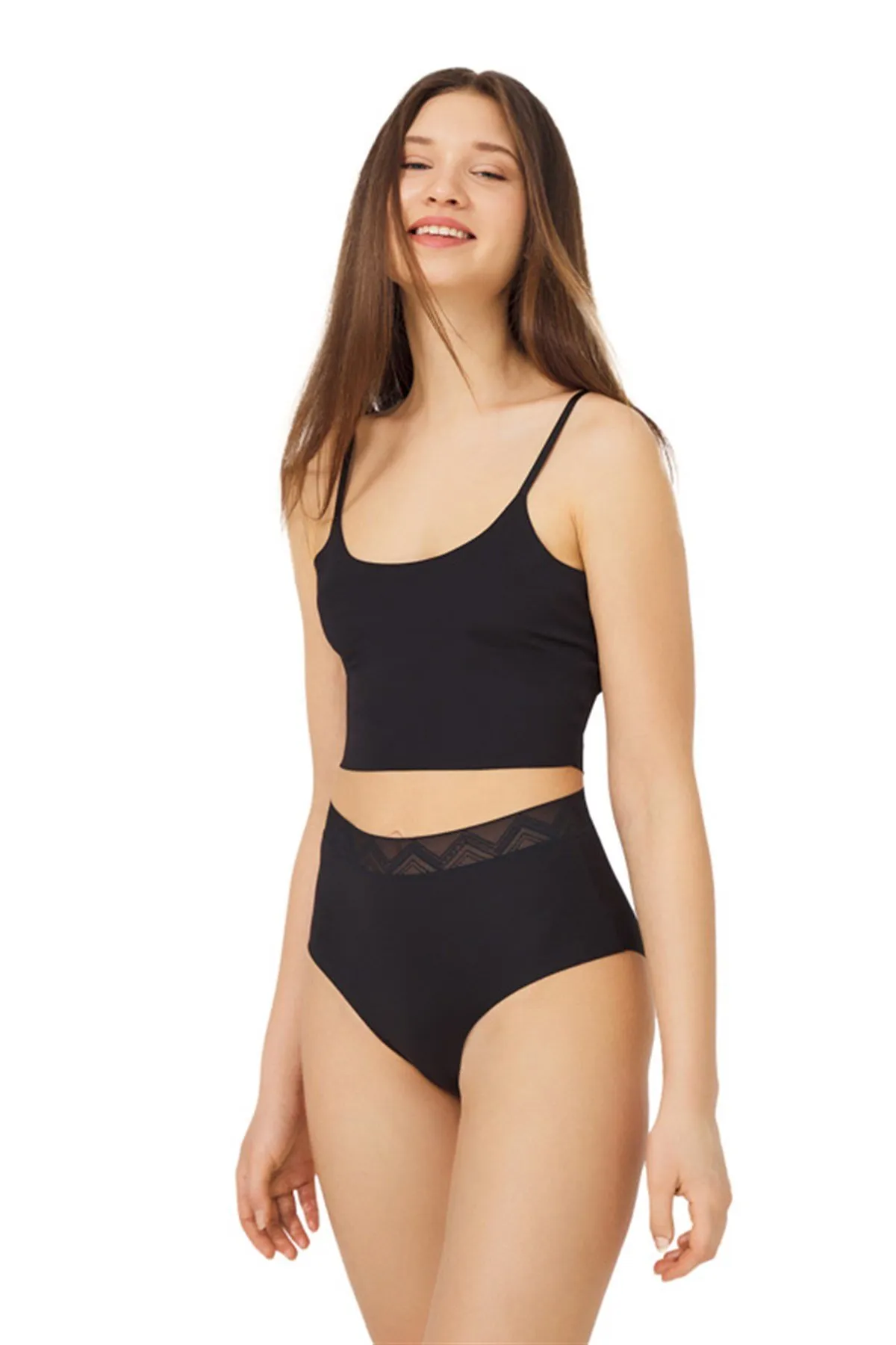 Cottonhill  Schwarz gemustertes, elastisches, lasergeschnittenes Bikinihöschen mit hoher Taille