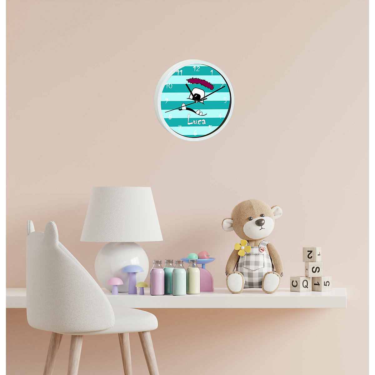Kinder Wanduhr personalisiert mit Name Monster Streifen türkis